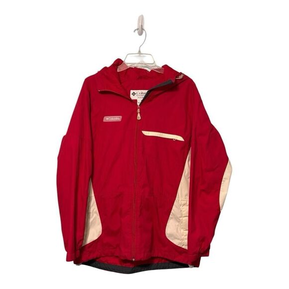 Vintage 90s Columbia Red White Hooded Sailing Squall Jacket Windbreaker Sz L - Picture 1 of 9